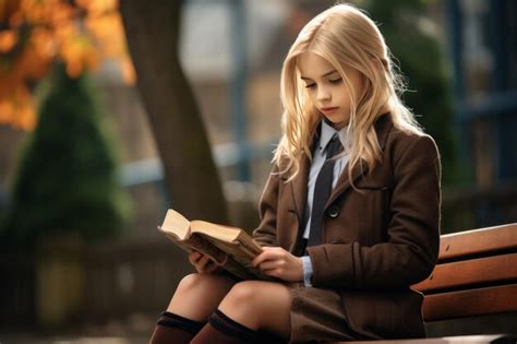 Premium Photo Serene Sophomore A Captivating Blonde Girl Immersed In A Book On A Park Bench