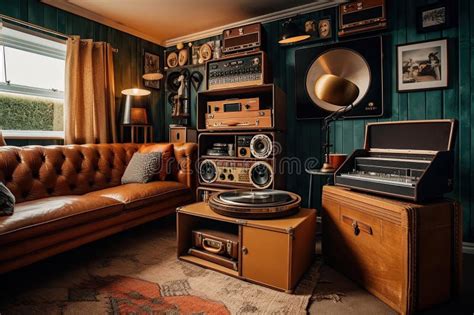 Retro Room With Record Player Vinyl Records And Leather Chesterfield