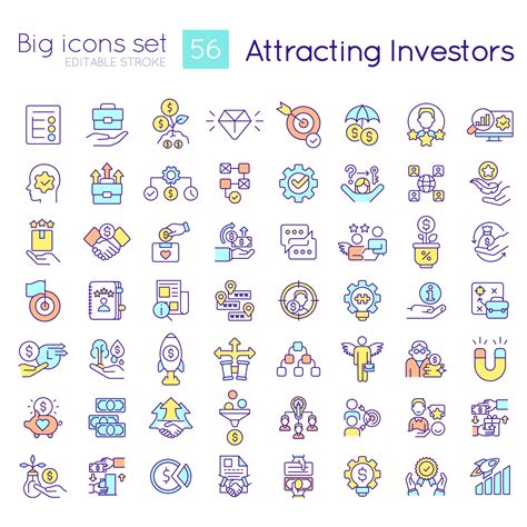 Attracting investors RGB color icons set. Involve funding. Develop