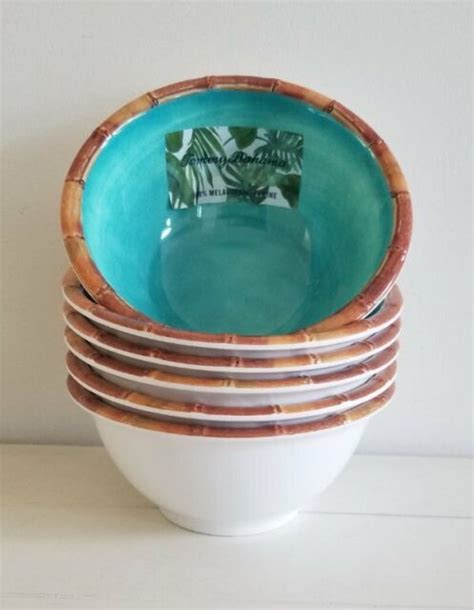 Tommy Bahama Melamine Bamboo Trim Ocean Blue Salad Pasta Bowl Set New