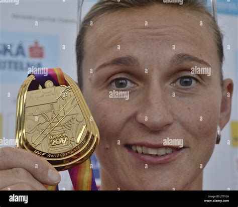 Czech Athlete Javelin Barbora Spotakova Shows Her Gold Medal From The