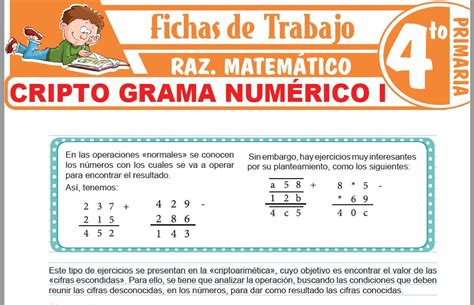 Criptograma numérico I para Cuarto de Primaria Fichas de Trabajo