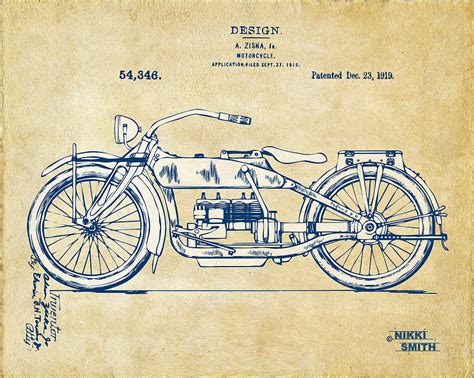 Vintage Harley Davidson Motorcycle 1919 Patent Artwork Drawing By Nikki