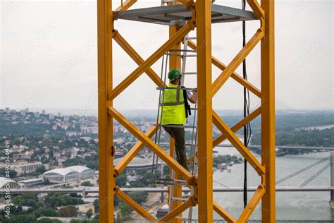 Crane Operator Climbing Up Yellow Steel Staircase Crane Access Ladder