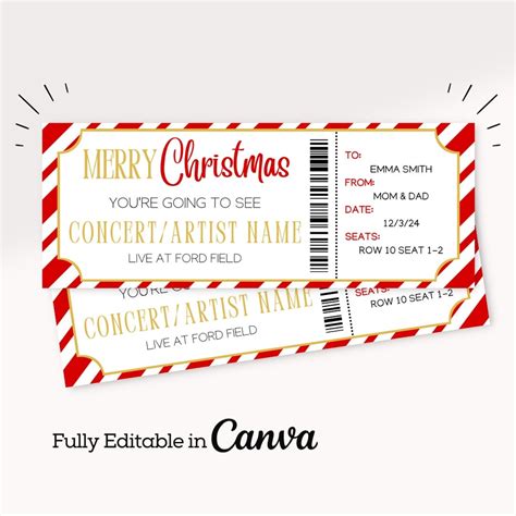 Gold Christmas Concert Ticket Template Editable Event Ticket Canva Template Custom Concert