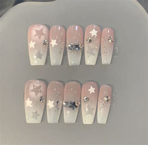 Handmade Y K Nude Milky Ombre Hollow Out White Star Glitter Cute Press