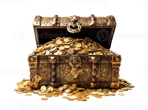 open treasure chest full  gold coins isolated  transparent