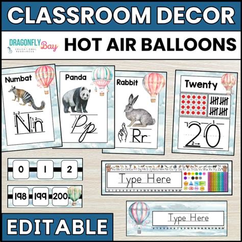 Hot Air Balloon Classroom Decor Bundle Editable Watercolor Back To