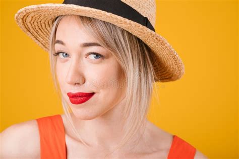 Blonde Woman In Hat Tricky Glance Stock Image Image Of Beautiful Funny