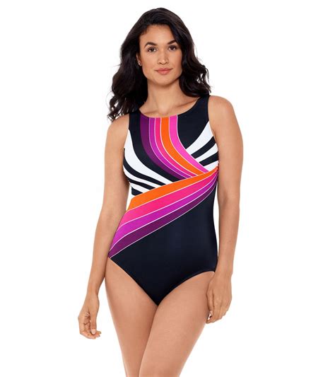 Reebok Women S Retro Lines High Neck Chlorine Resistant One Piece Swimsuit At