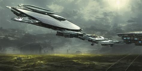 Solarpunk Spaceship Hovering Over Fields And Small Stable Diffusion