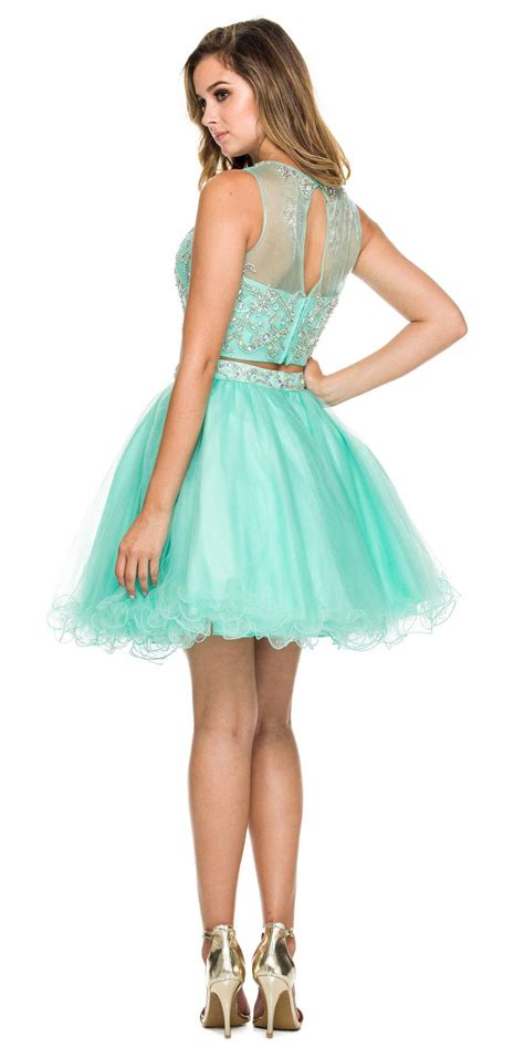 Mint Green Two Piece Short Prom Dress Illusion Neckline Cut Out Back