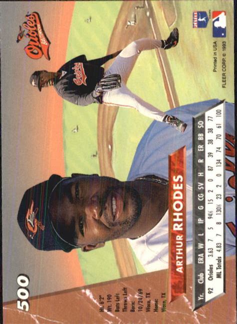 1993 Ultra Baltimore Orioles Baseball Card 500 Arthur Rhodes EBay