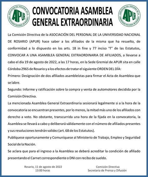 Convocatoria Asamblea General Extraordinaria A P U R