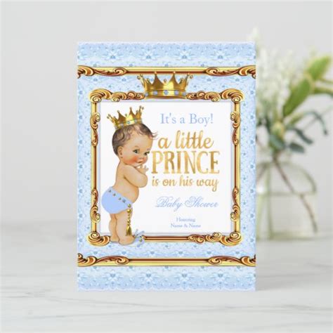 Light Blue Gold White Prince Baby Shower Brunette Invitation Zazzle