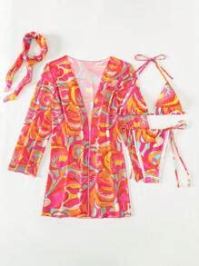 BamGleam Summer Beach Allover Print Halter Triangle Bikini Set With Kimono SHEIN USA