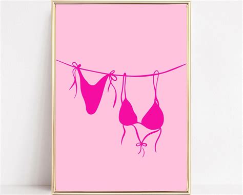 Pink Bikini Art Print Bikini Hanging Digital Print Pink Bikini Poster Coastal Girly Prints