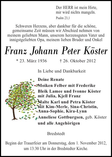 Franz Johann Peter K Ster Fallecimiento Husumer Nachrichten