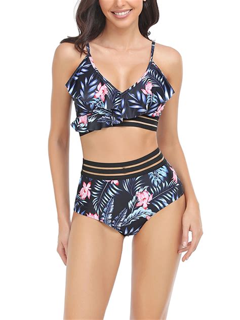 Shunvnny Women Bikini Set Solid Flower Print Sleeveless Bra With High Waist Briefs Bathing