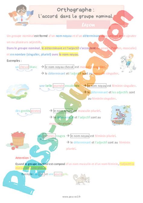L accord dans le groupe nominal Cours Leçon d orthographe 5ème