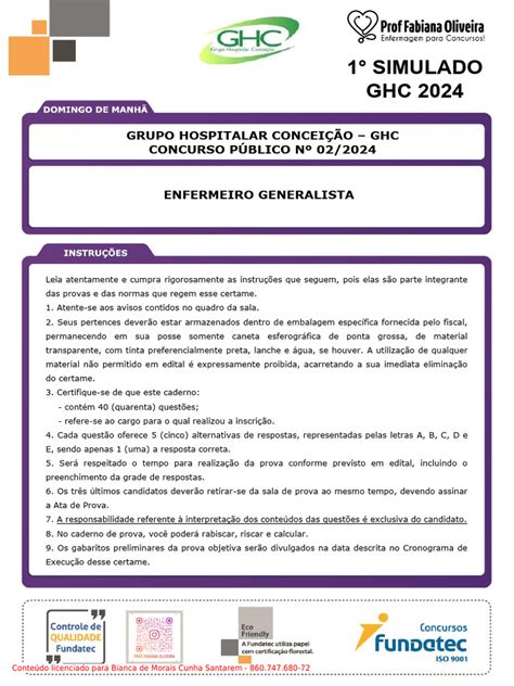 Provas Anteriores Ghc Técnico De Enfermagem - Instruções para o Simulado GHC 2024 | PDF | Enfermagem | Eletrocardiografia