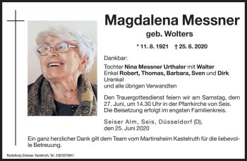 Traueranzeigen Von Magdalena Messner Trauer Bz