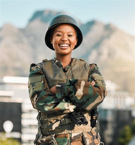 Premium Photo | Military portrait and happy black woman with arms ...