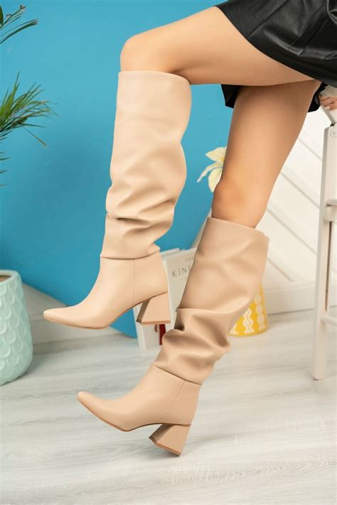 serkanseyyid Kadın Nude Cilt Çekme Körüklü Kalın Topuklu ÇizmeFiyatı Yorumları Trendyol