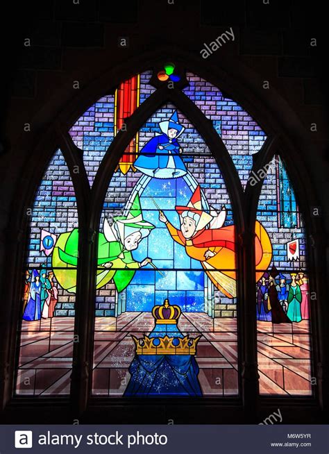 A Stained Glass Window Inside The Sleeping Beauty Castle At Disneyland Of The Three Fairy Godmo