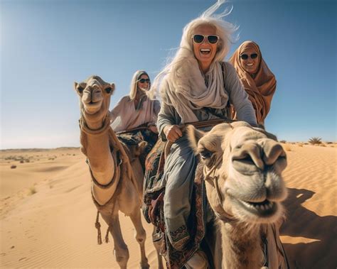 Premium AI Image Mature Woman Riding Camel In A Desert