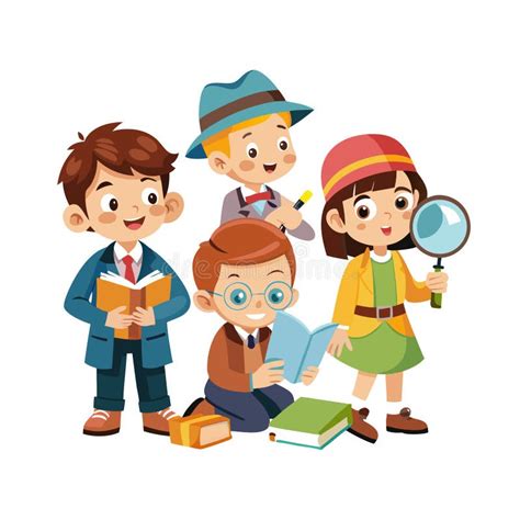 kids playing detective cartoon children reading books  solving