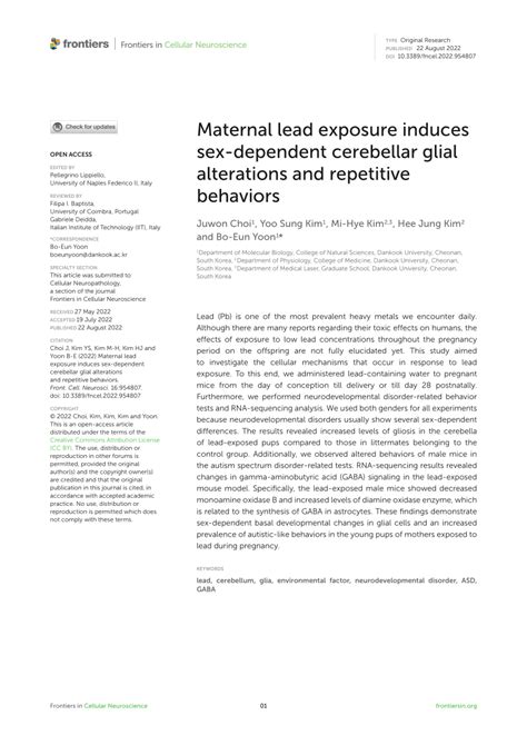 PDF Maternal Lead Exposure Induces Sex Dependent Cerebellar Glial