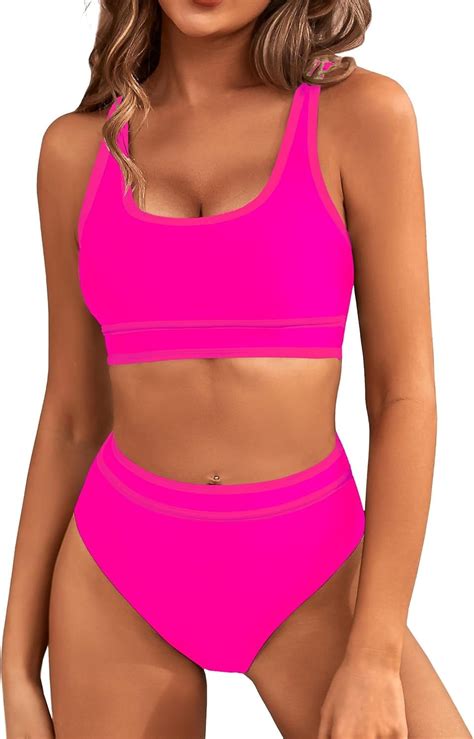 Yehoom Women S High Waisted Bikini Sets Sporty Two Piece Swimsuits Color Block Cheeky High Cut