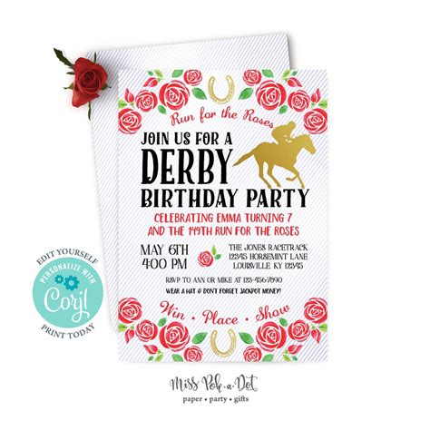 Kentucky Derby Birthday Party Invitation Editable Digital Horse Race