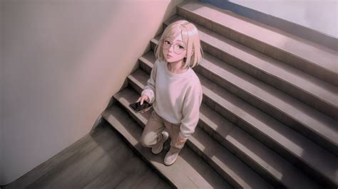 Blonde Girl On Stairs With Phone Wallpaper HD Artist Wallpapers 4k Wallpapers Images Backgrounds