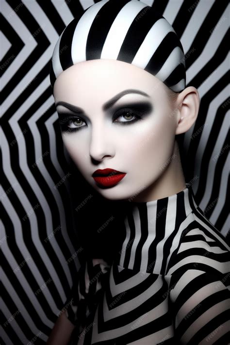 Premium Photo A Woman With A Red Lips And A Black And White Striped