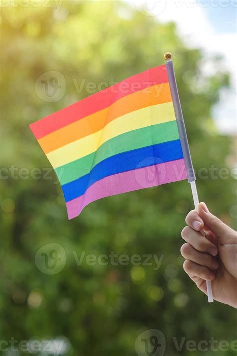 Hands Showing LGBTQ Rainbow Flag On Green Nature Background Support Lesbian Gay Bisexual