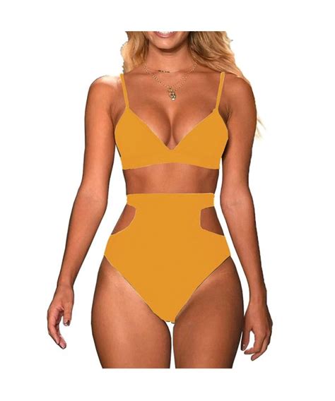 Women S Pieces Bikini Top High Waist Cutout Bottom Swimsuits Apricot Cg Kdss