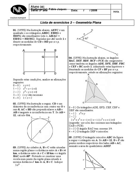 Questoes De Geometria Plana - Lista de exercícios de geometria plana com questões variadas | PDF ...