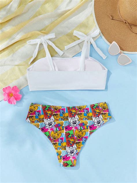 Tom Jerry X Shein Plus Cartoon Print Tie Shoulder Bikini Set Shein Usa