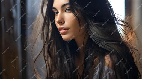 Premium Ai Image A Young Woman With Glossy Raven Hair In A Long Layered Style Exuding Natural