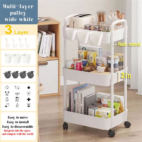 Trolley Cart Organizer 3-Tier Plastic Utility Cart with Handle, Wheels and 3 Hanging Baskets ...