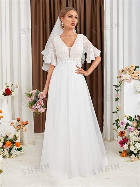 Contrast Lace Flounce Sleeve Mesh Wedding Dress Without Veil Shein Uk