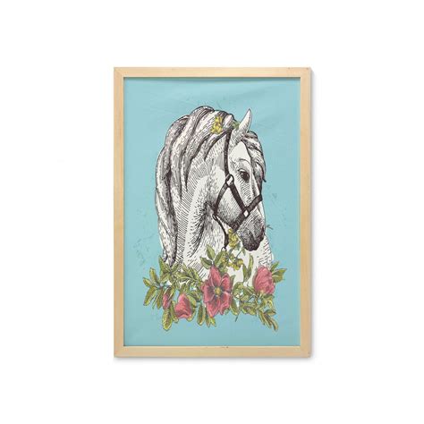 Floral Wall Art With Frame Boho Style Horse Opium Blossoms Poppy