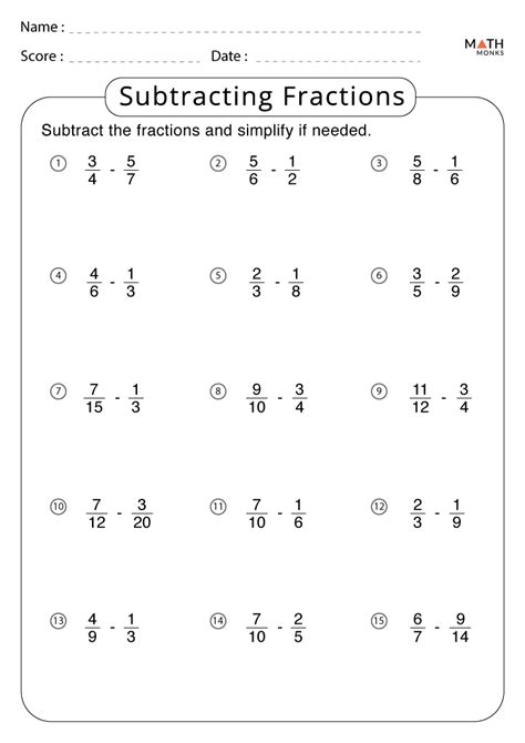 Subtracting Fractions Worksheets Math Monks