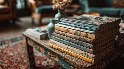 vintage magazines stacked   decorated table   cozy living room