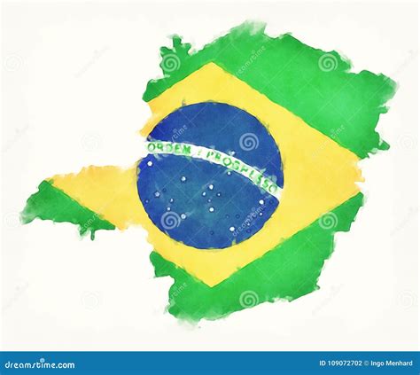 Minas Gerais Watercolor Map with Brazilian National Flag in Front of a ...