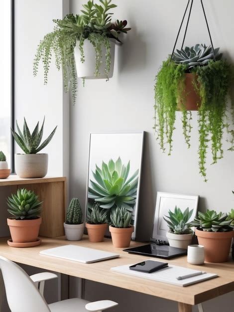 Premium Photo A Minimalist Workspace With Green Succulents In Pots