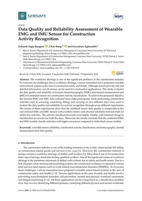 Pdf Data Quality And Reliability Assessment Of Wearable Emg And Imu Sensor For Construction