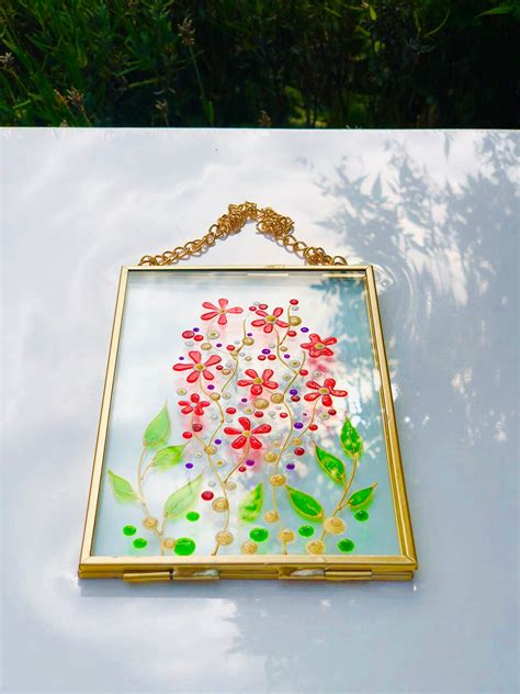 Framed Glass Painting Painted Pressed Flowers Herbarium Art Etsy